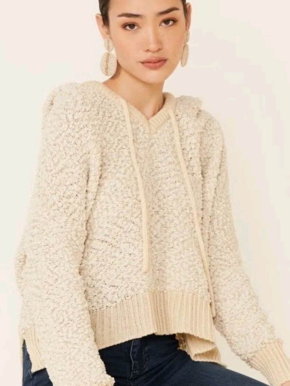 POL Cozy Cream Hooded Popcorn Knit Sweater
